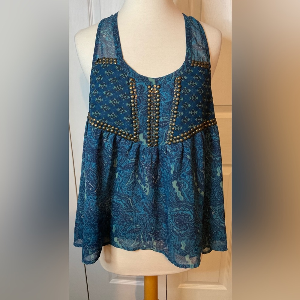Ecote Teal‎ Blue Sleeveless Tank Semi Sheer Blouse Medium